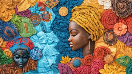 An artistic fusion of African cultural elements, combining traditional masks, woven textiles, and ancestral symbols into a bold and dynamic collage