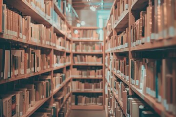 An interior view of a minimalist library with wooden bookshelves, A minimalist library with sleek shelves and natural lighting
