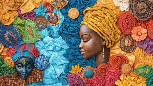 An artistic fusion of African cultural elements, combining traditional masks, woven textiles, and ancestral symbols into a bold and dynamic collage
