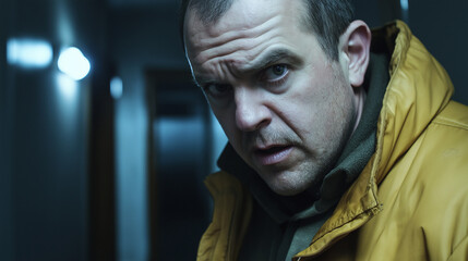 Man in yellow jacket under dramatic lighting. Great for urban noir, psychological thriller, or dramatic portrait concepts.