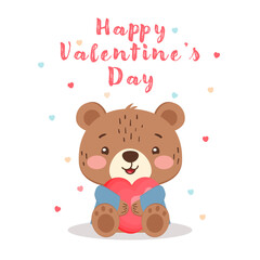 Cute bear holding a red heart with scattered hearts around. Vector illustration for Valentine’s Day cards, love-themed designs, and children’s decor