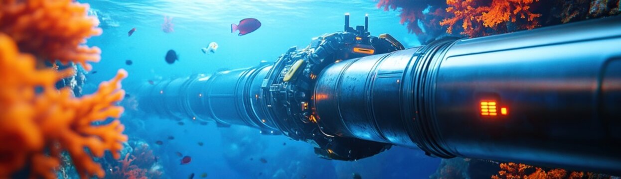 Oceanic Futuristic Pipeline: Underwater Technology Exploration in Vibrant Coral Reefs