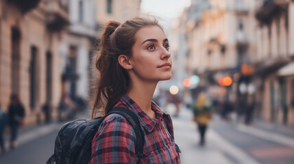 Fototapeta premium Young woman exploring urban street with backpack. Ideal for city lifestyle, travel adventure, or modern wanderlust stories.