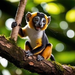 Naklejka premium Brightly colored and energetic tamarins perched on sturdy, moss-covered branches