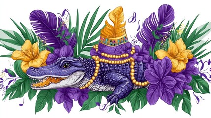 Fototapeta premium Vibrant alligator with beads and flowers in festive mardi gras theme. Mardi Gras, Fat Tuesday, Carnival Season. Bright Parades, Masks, Festive Costumes, Vibrant Atmosphere