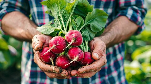 radish in farmer's hands selective focus