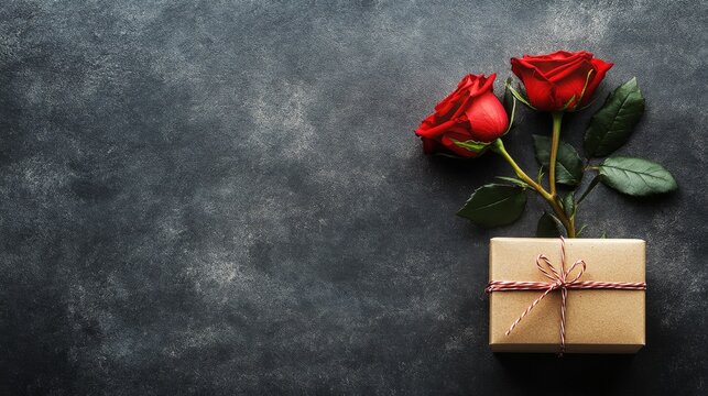 Valentine's day red rose bouquet with gift box on stone background, romantic floral arrangement for love and affection greeting card, copy space for personalized message