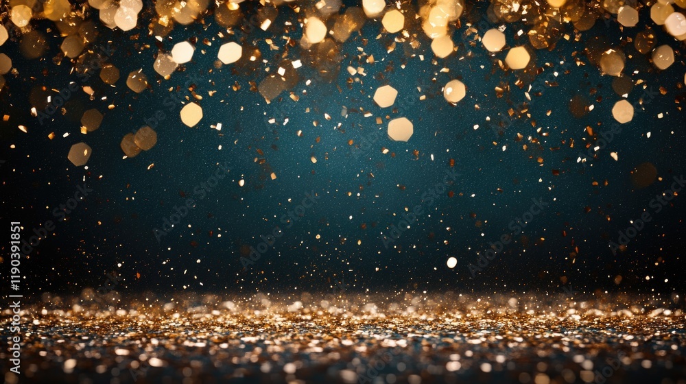 Poster golden glittering bokeh lights on dark background creating festive atmosphere