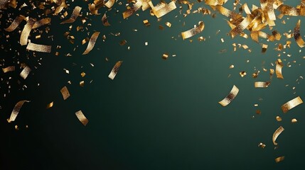 Golden confetti falling on dark green background celebratory atmosphere. Saint Patrick's Day, St Paddy's Day, St Patty's Day - Irish National Holiday and Cultural Celebration