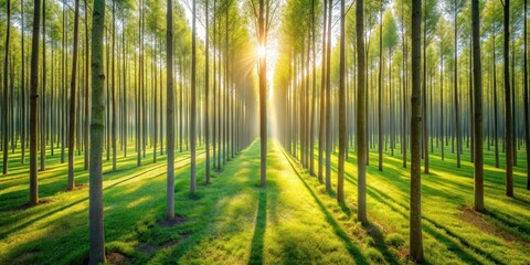 Sunlit Grove Serene Rows of Trees Casting Long Shadows on Lush Green Grass at Dawn