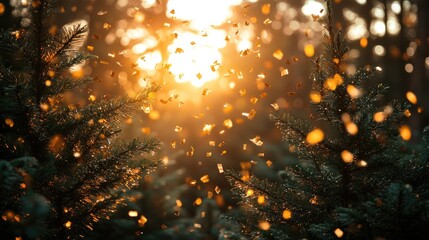 Naklejka premium Warm sunset through forest trees with falling leaves