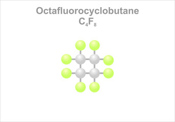 Octafluorocyclobutane. Simplified scheme of the molecule. Use in semiconductor inustry.