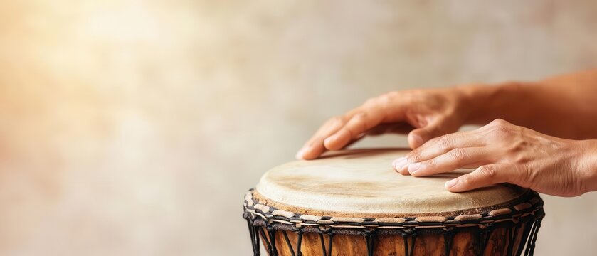 A close-up of hands playing a djembe drum, the rhythms representing the beats of a traditional tale, warm and textured tones