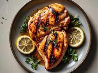 a plate of grilled chicken top view