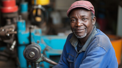 Experienced African American mechanic in workshop setting. Ideal for skilled trades, automotive expertise, or industrial craftsmanship themes.