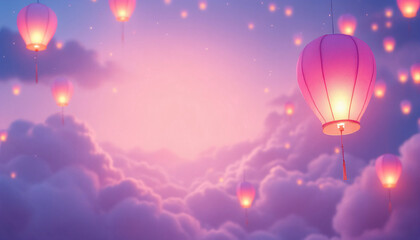 Obraz premium Dreamy sky with floating lanterns amidst clouds, enchanting atmosphere for celebrations and events, copy space 