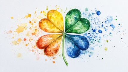 Colorful watercolor four-leaf clover with rainbow splashes. Saint Patrick's Day, St Paddy's Day, St Patty's Day - Irish National Holiday and Cultural Celebration