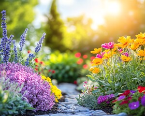 Obraz premium Beautiful garden scene with colorful flowers and thriving plants under the bright sun, soft light, clear skies, vivid colors, highdefinition detail