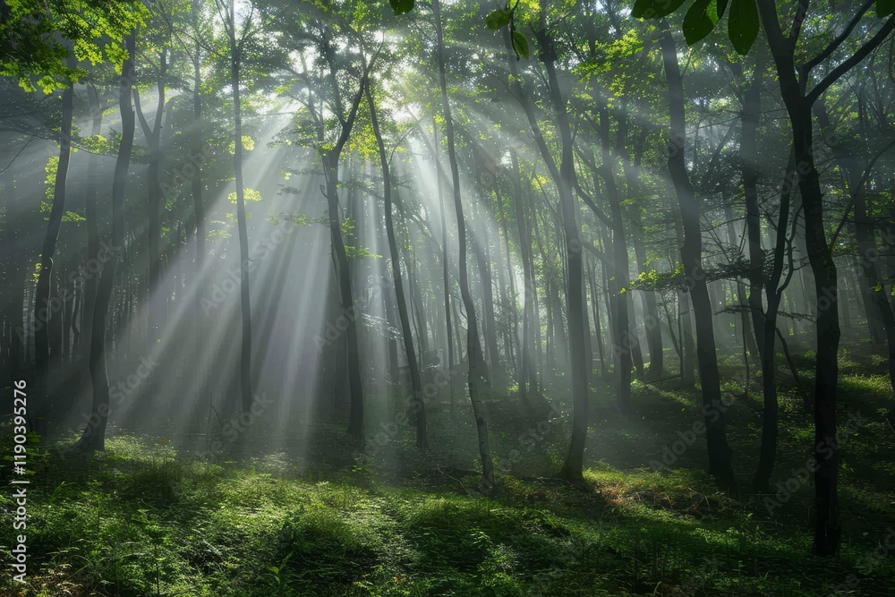 Poster a misty forest with sunbeams filtering through the trees, a misty forest with rays of sunlight filte