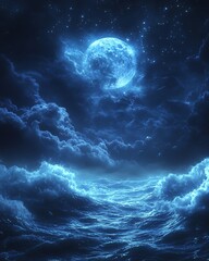 Fototapeta premium Elegant night clouds surrounded by ornate glowing patterns and a moonlit horizon, cinematic fantasy style, hyperrealistic, highresolution textures