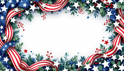 Obraz premium Patriotic wreath with red, white, and blue ribbons and stars, ideal for Fourth of July celebrations, copy space