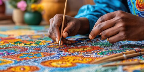 A traditional African storyteller weaving a tale through vibrant beadwork and patterns on a tapestry