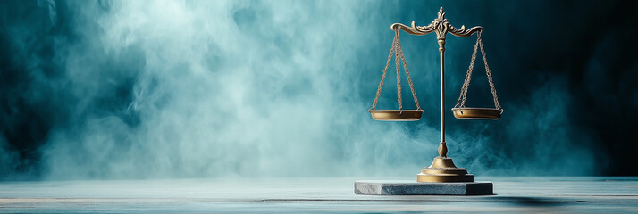 Scales of justice balancing on wooden block symbolizing law and order