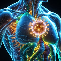 Anatomical illustration of a transparent human body with glowing virus particle, representing infection and its effect on the human system 