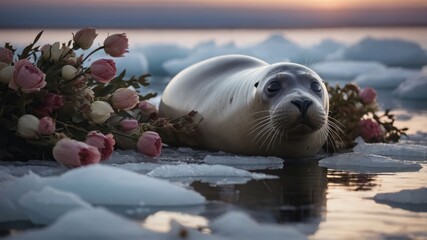 A seal resting on ice surrounded by pink flowers at sunset.