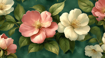 A digital rendering depicts a cluster of blooming pink and white flowers with lush green leaves