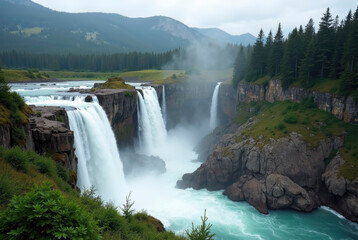 Fototapeta premium A thrilling and verdant waterfall cascading amidst rugged terrain