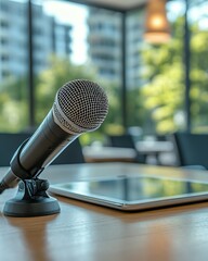 Minimalistic side view of a microphone and tablet on a wooden table in a bright conference room, local government ambiance, clean and modern design