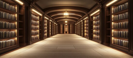 Long library corridor with bookshelves and warm lighting.