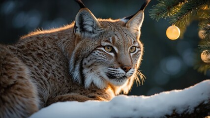 Fototapeta premium A lynx resting in a snowy landscape, illuminated by soft light near a Christmas tree.