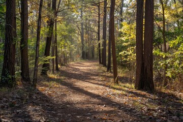 Fototapeta premium A peaceful forest trail with dappled sunlight on a fall day, A peaceful hike through a sun-dappled forest