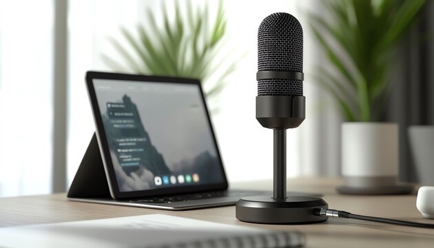 Professional conference room with a side view of a microphone and tablet on the meeting table, neutral tones, local administration setup, highresolution