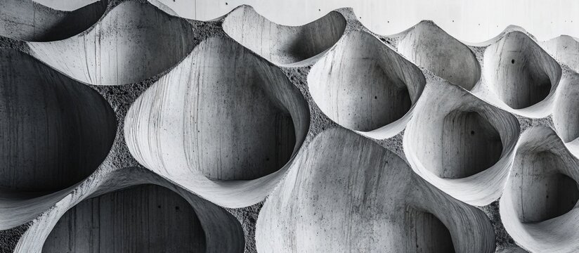 Abstract grayscale image of a textured concrete surface with a pattern of concave and convex shapes.