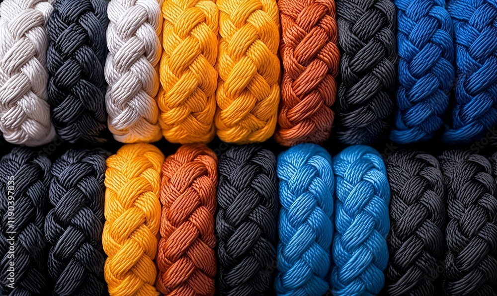 Poster vibrant paracord display, an array of colorful paracord strands arranged artistically, showcasing a 