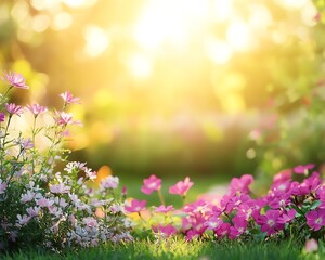 Sunny garden with blooming flowers and flourishing plants, rich colors of petals and leaves, bright natural sunlight, serene and peaceful atmosphere