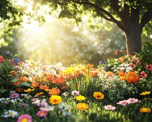 Obraz premium Sunny outdoor garden scene with vibrant flowers and thriving plants, bright sun illuminating the vivid colors and delicate details, nature s beauty, photorealistic