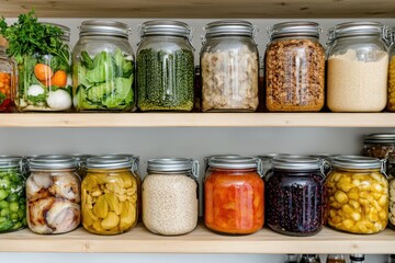 Organized Nordic kitchen shelf view showcasing a variety of glass jars filled with colorful ingredients, vegetables, and grains in a rustic setting