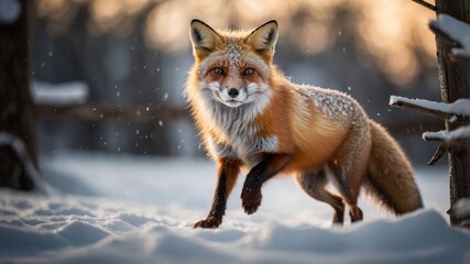 Obraz premium A red fox walking through snowy terrain during a serene winter scene.