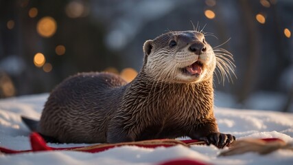 Fototapeta premium A playful otter on snow, surrounded by festive decorations and warm lighting.