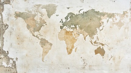 Grunge world map painted on weathered wall.