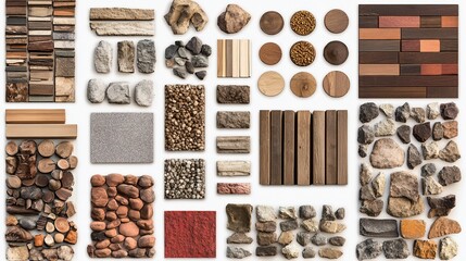 Flat lay of various natural and manufactured materials samples for design inspiration.