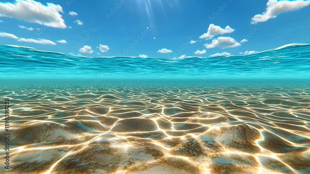 Poster sunlit serenity, gentle rays illuminate a tranquil blue surface, creating a harmonious interplay of 