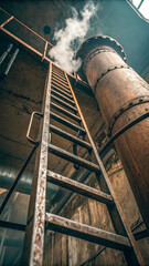 Naklejka premium Old rusty metal ladder attached to a pipe. Industrial style background.