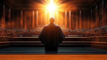 A powerful courtroom scene representing justice and authority in a dramatic light.