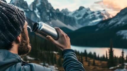 Naklejka premium Man drinks water from bottle scenic mountain view