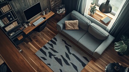 Overhead view of a modern apartment living room with a sofa, desk, and hardwood floors.